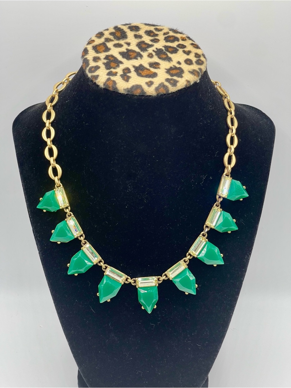 Gold Tone Matte Chain Necklace with Green and Light Champagne Rhinestone Accents